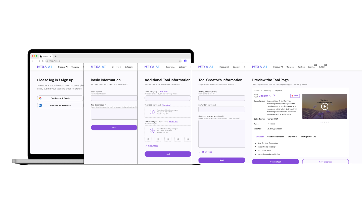 NexaAI project homepage showing the tool submission interface